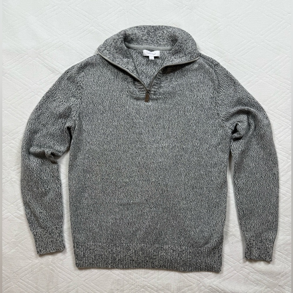 Calvin Klein Small Gray Ribbed Quarter Zip Sweater Ribbed Old Money Grandpa Cozy